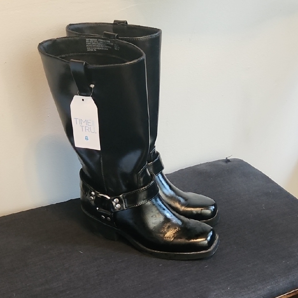 Time and Tru Glossy Black Boots with Strap Detail